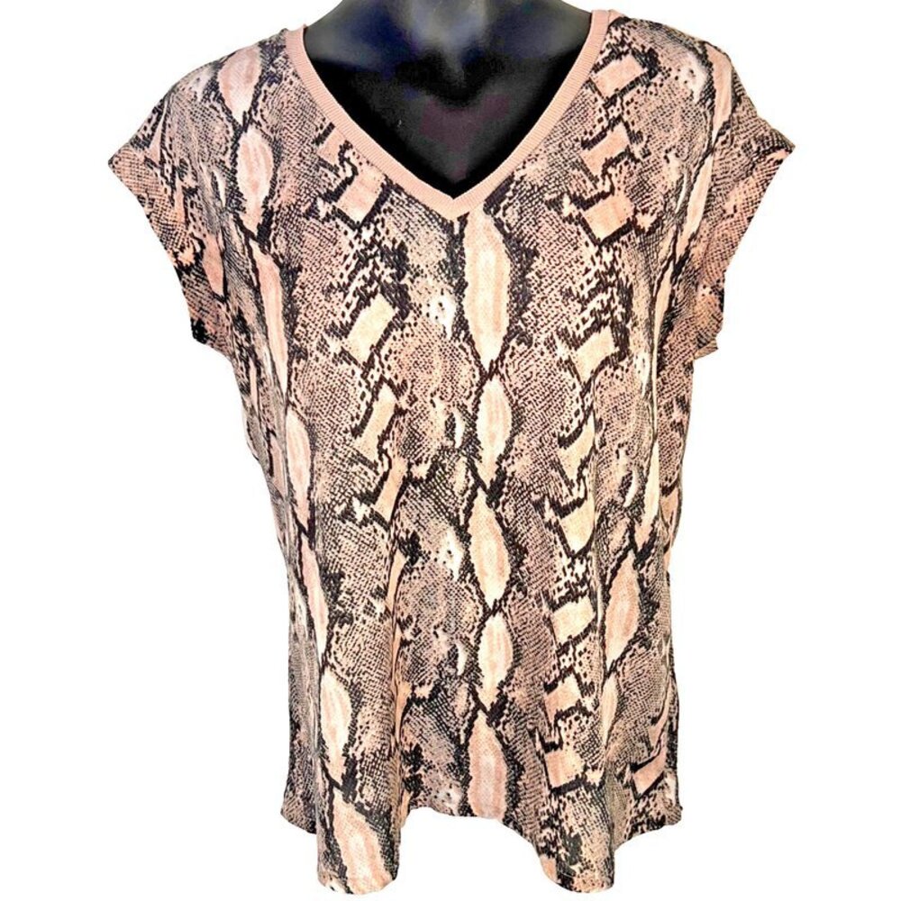 Worthington Blouse Womens M Pink Python Ribbed V-Neck Short Sleeve Chiffon